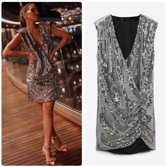 ZARA Drapped Wrap Silver a neck Sequin Shoulder Padded Deess - Picture 8 of 9